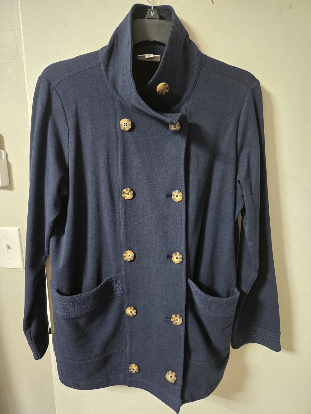 J. Jill Navy Double-Breasted Pea Coat with Tortoise Buttons